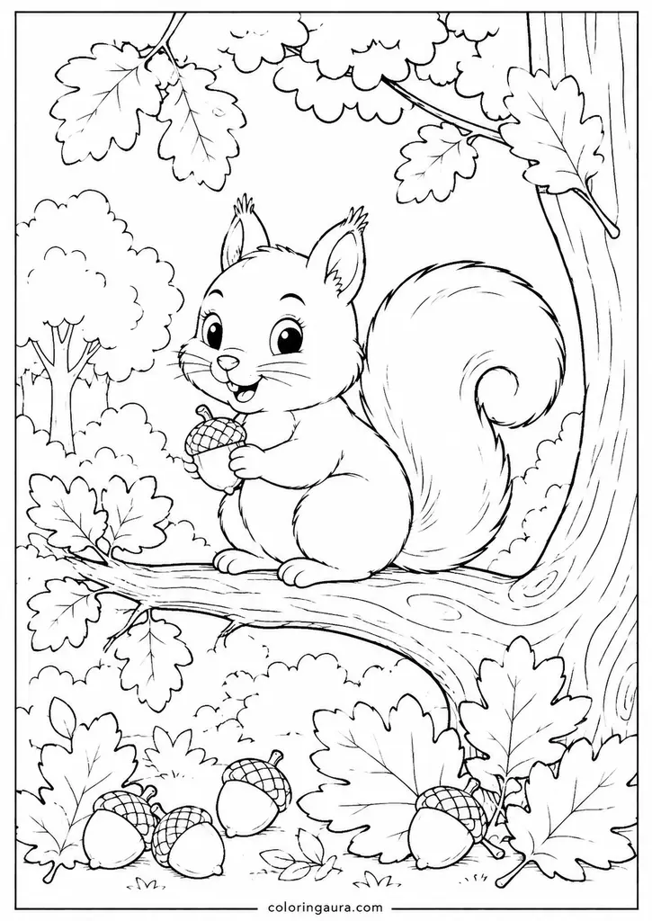 Squirrel in Autumn Tree Coloring Page