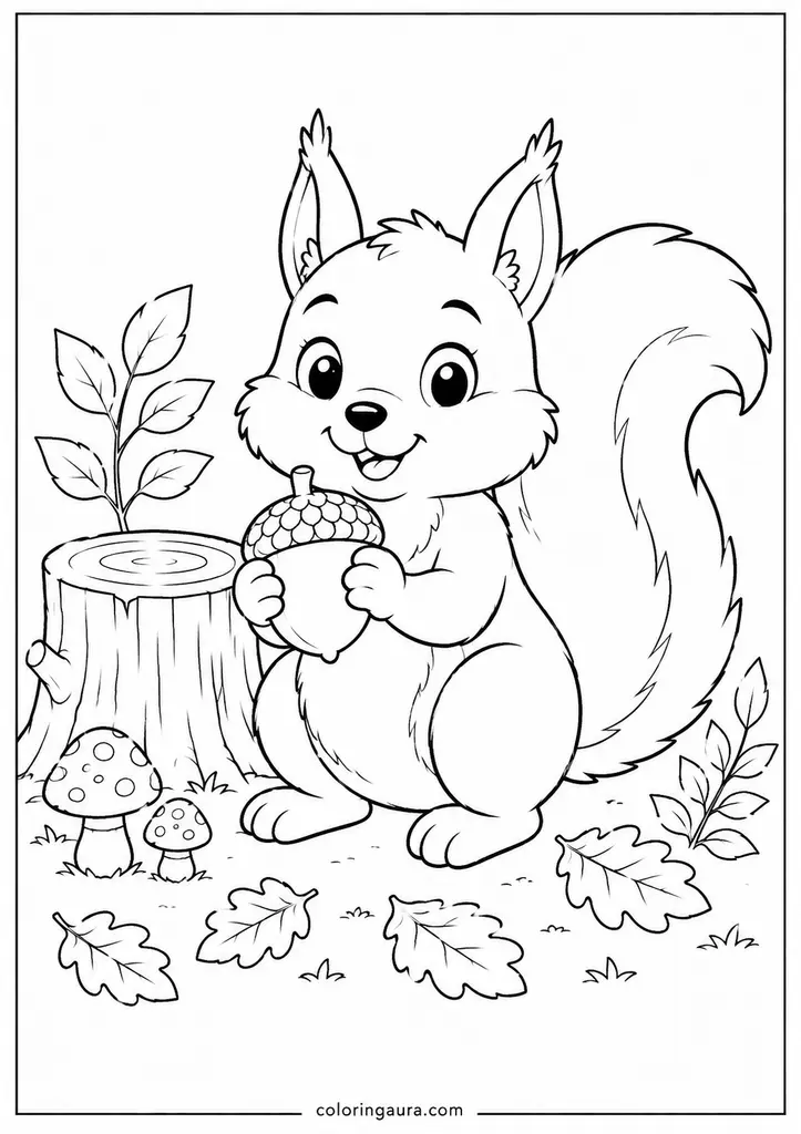 Squirrel with Acorn Coloring Page