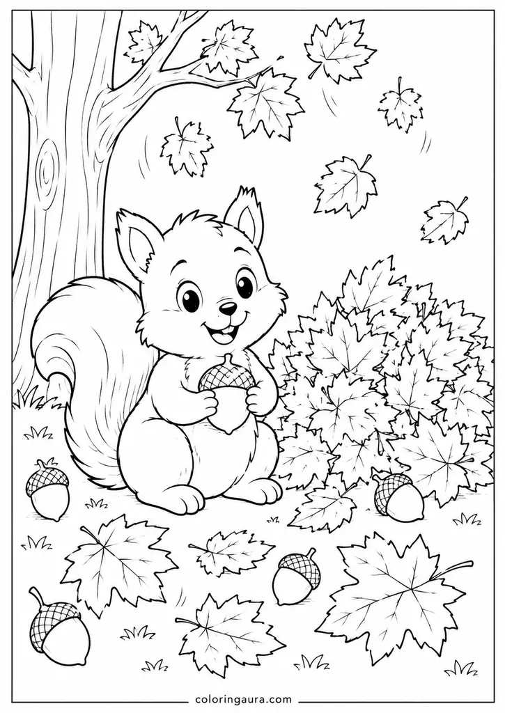  Squirrel with Autumn Leaves Coloring Page