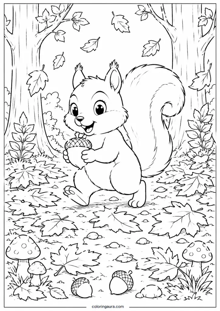 Squirrel in an Autumn Forest Coloring Page