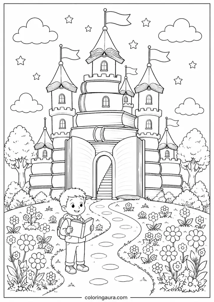 Magical Book Castle Coloring Page