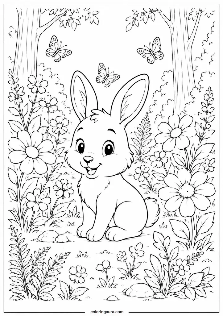 Rabbit in a Forest Flower Garden Coloring Page