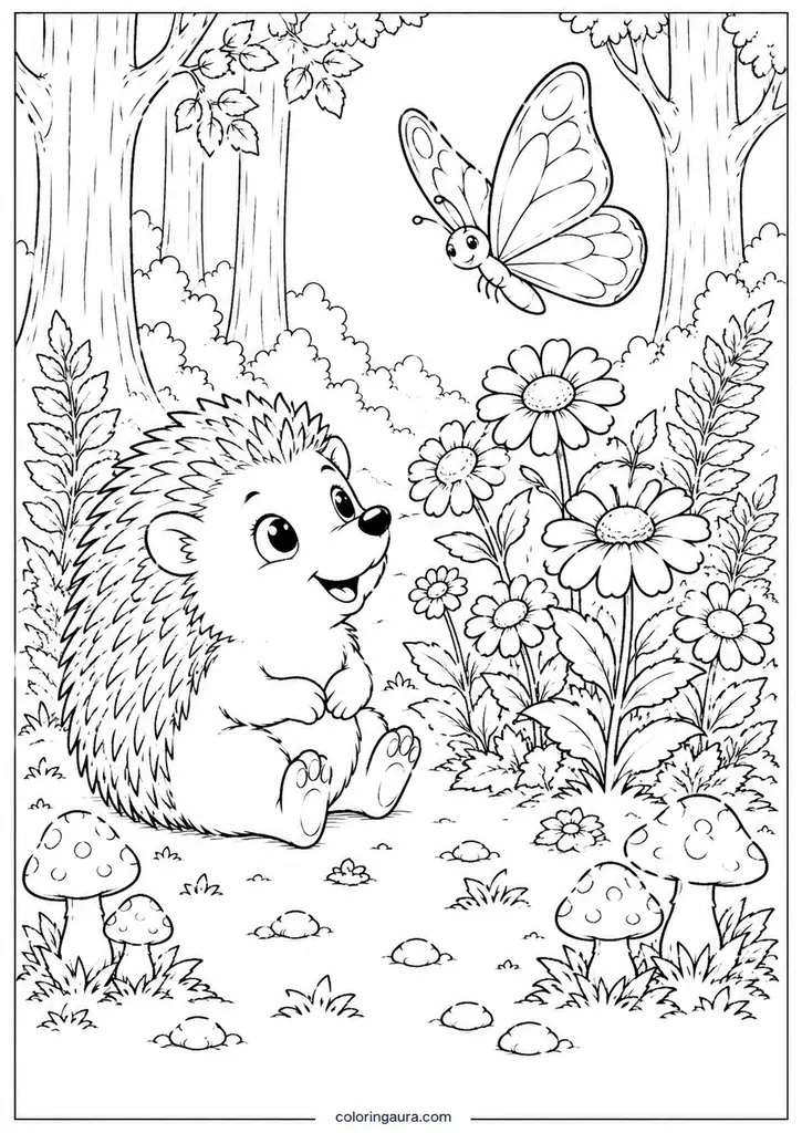 Hedgehog and Butterfly Coloring Page