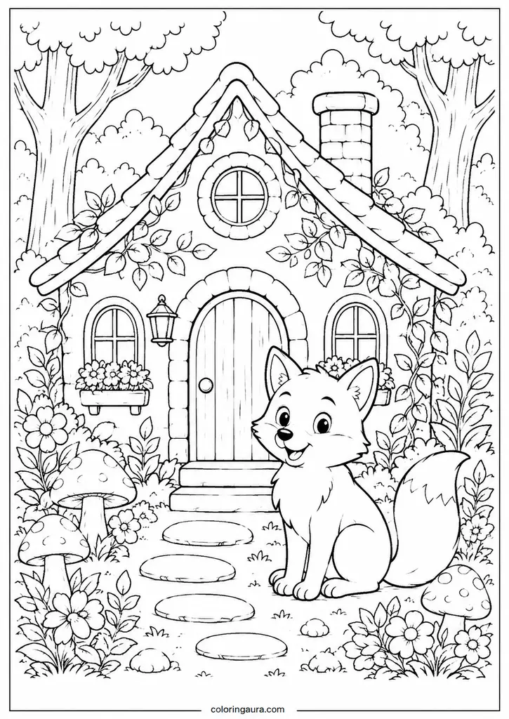 Fox Outside a Cozy Forest Cottage Coloring Page