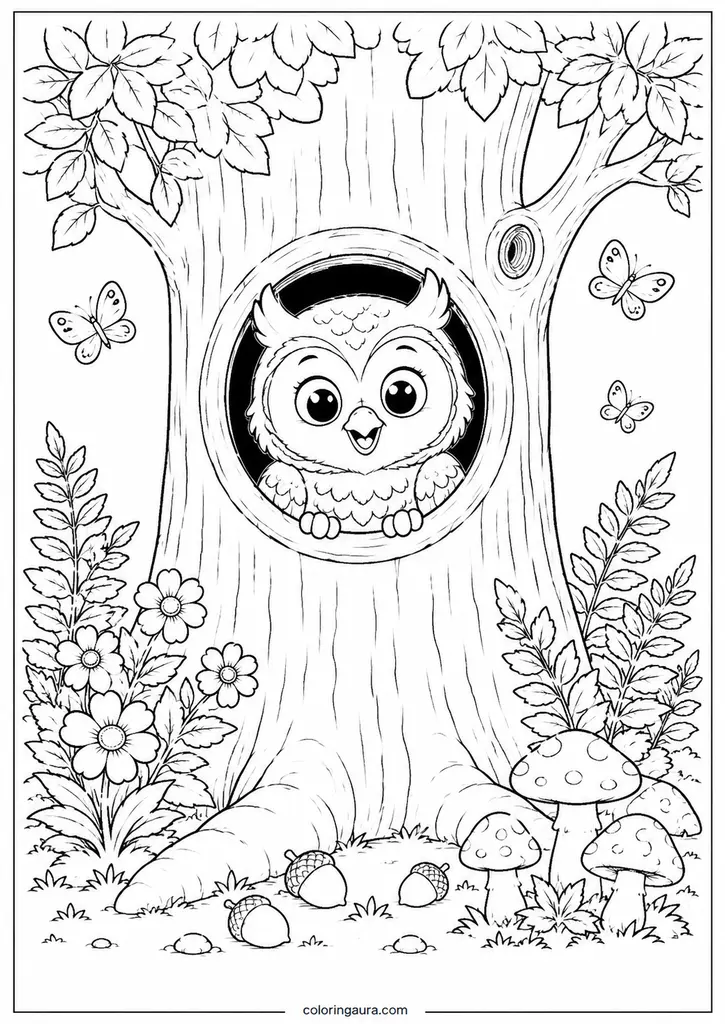 Owl in a Hollow Tree Coloring Page