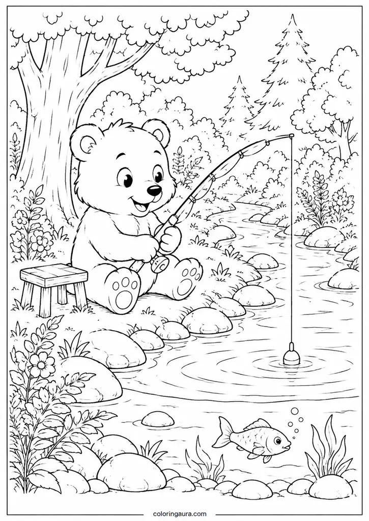 Bear Fishing by the Forest Stream Coloring Page