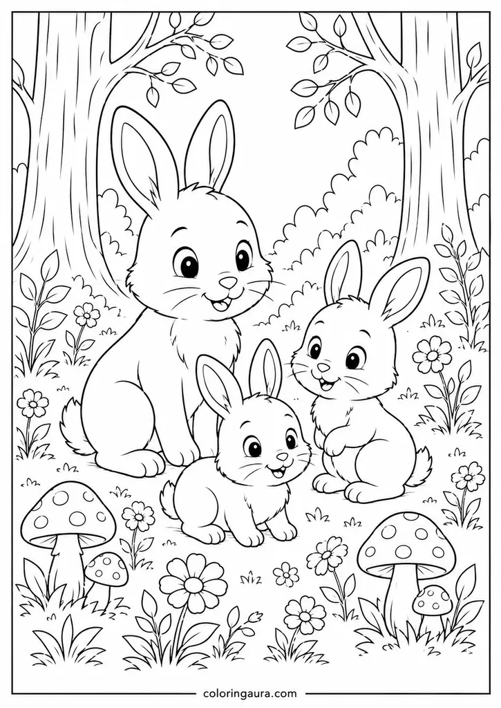 Rabbit Family Woodland Coloring Page