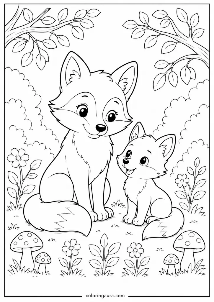 Woodland Fox Family Coloring Page
