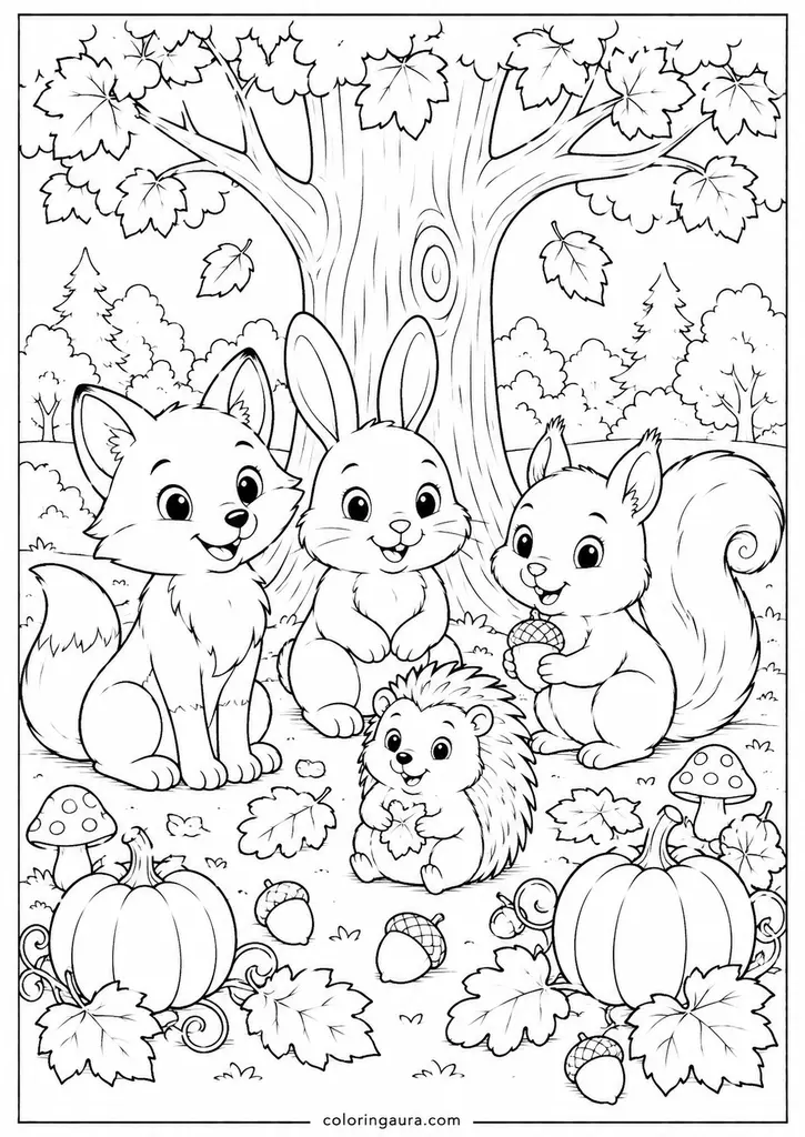 Woodland Friends Autumn Gathering Coloring Page