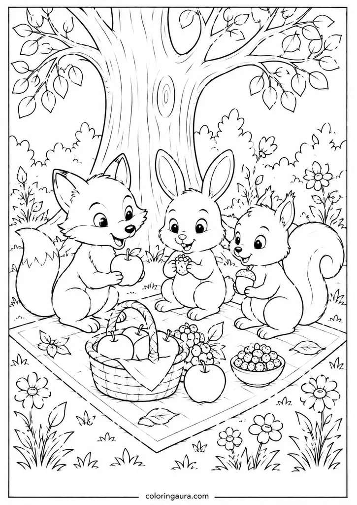 Woodland Friends Picnic Coloring Page