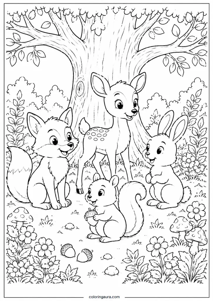 Woodland Friends Under a Big Tree Coloring Page