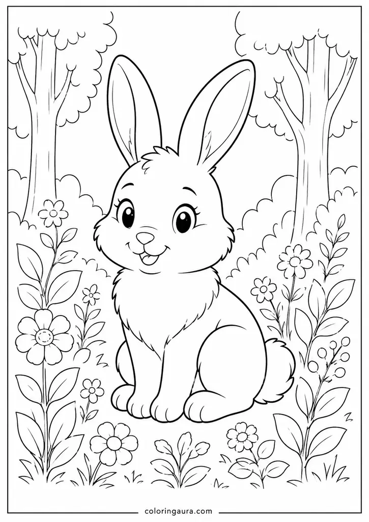 Woodland Rabbit Flowers Coloring Page