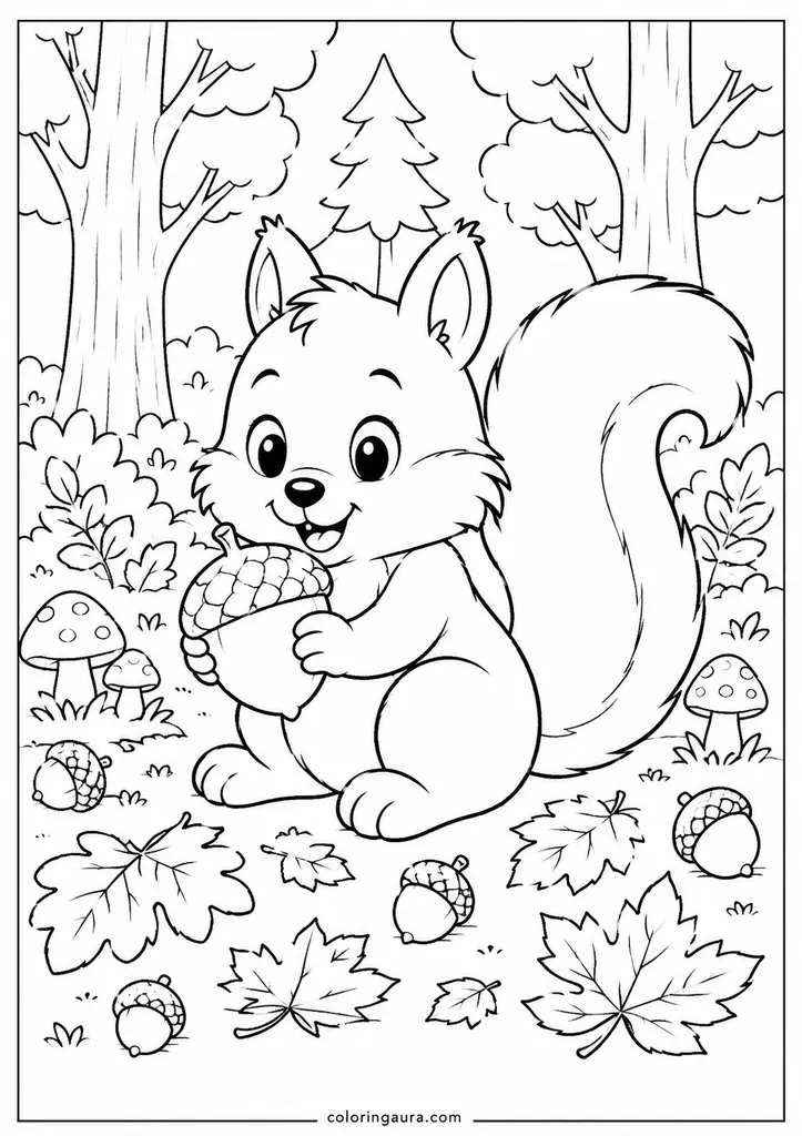 Squirrel and Acorn Autumn Coloring Page