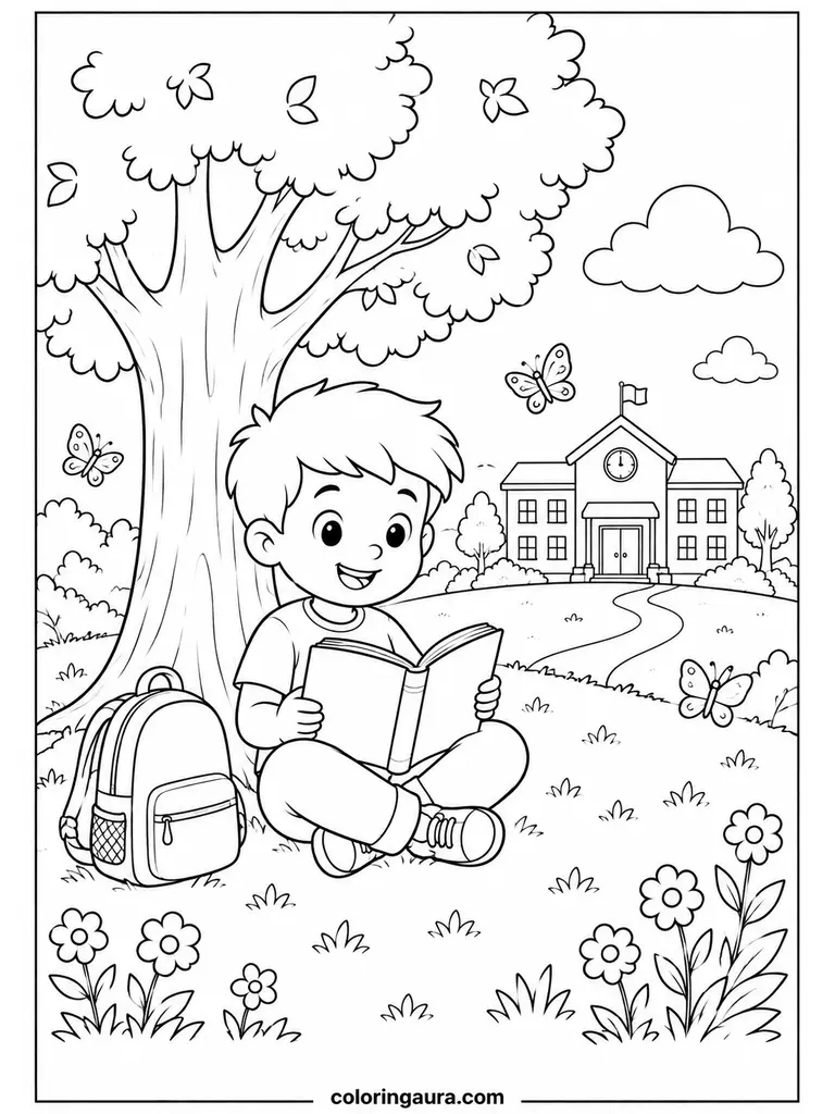 Reading Under a Tree Coloring Page