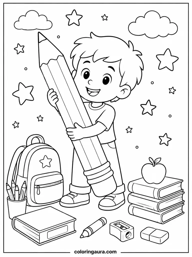 Child with Giant Pencil Coloring Page