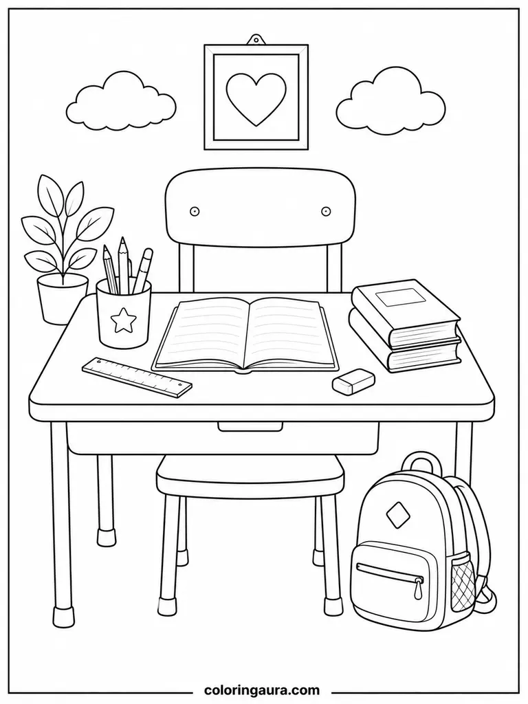 School Desk and Supplies Coloring Page