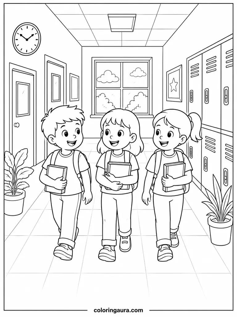 School Hallway Children Coloring Page