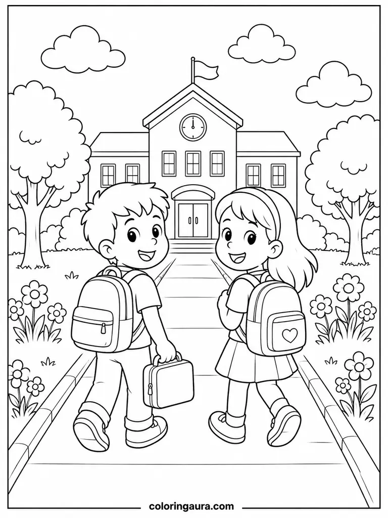 Kids Walking to School Coloring Page