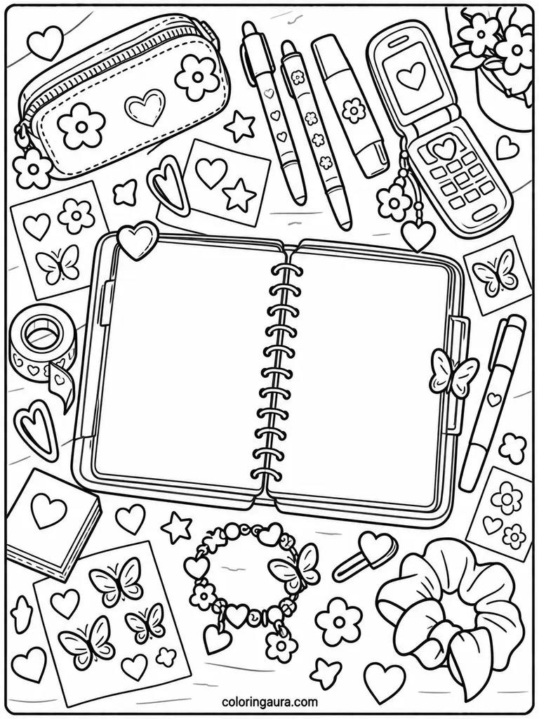 2000s Journal and Stickers Coloring Page