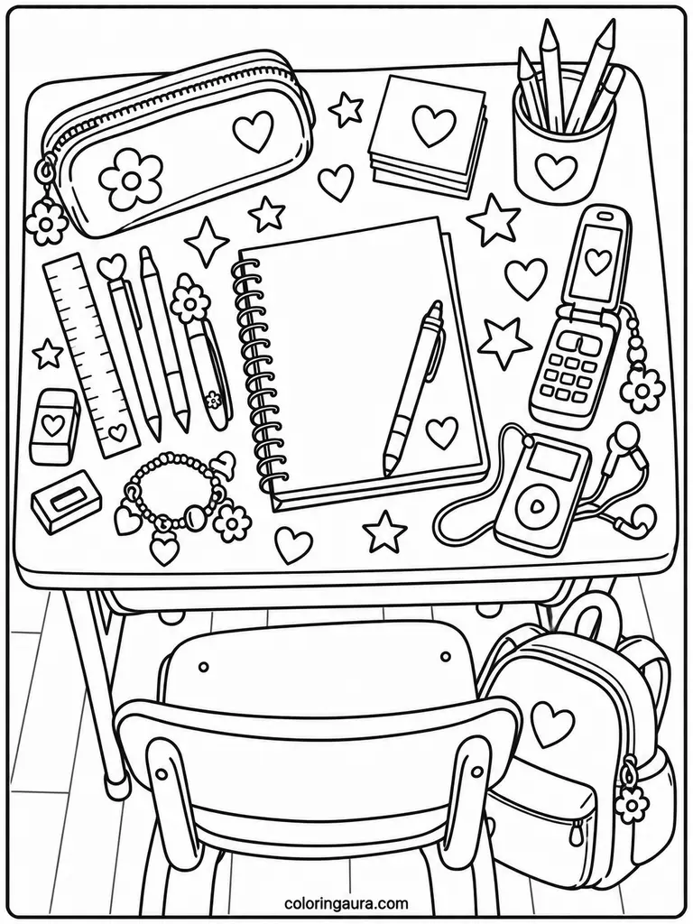 2000s School Desk Coloring Page