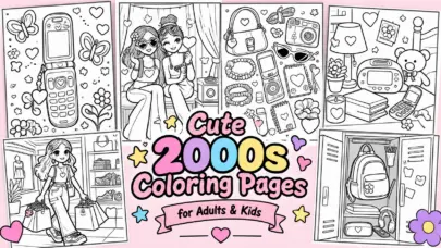 A collage of Cute 2000s Coloring Pages for Adults & Kids