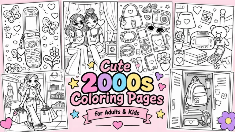 A collage of Cute 2000s Coloring Pages for Adults & Kids
