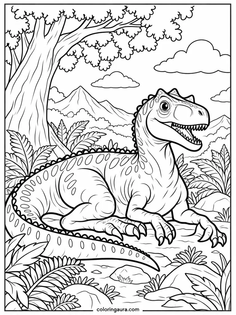 Allosaurus Resting Under a Tree Coloring Page