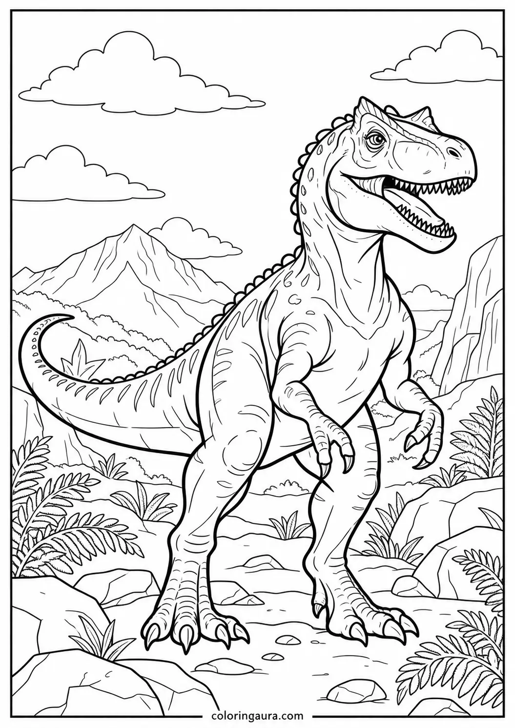 Allosaurus Standing in a Prehistoric Valley Coloring Page