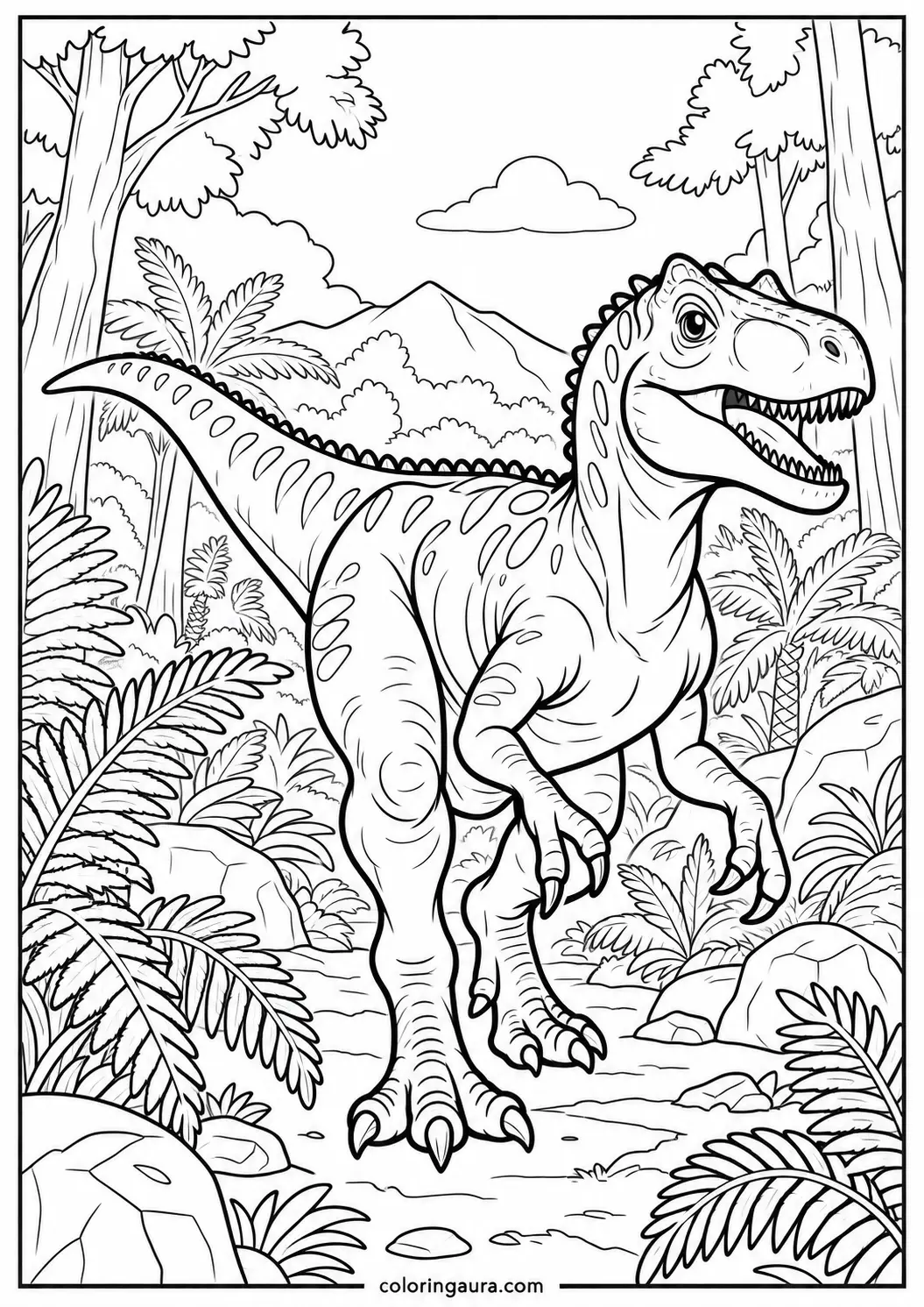 Allosaurus Walking Through Ferns Coloring Page