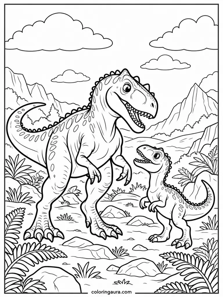 Allosaurus With a Small Dinosaur Coloring Page