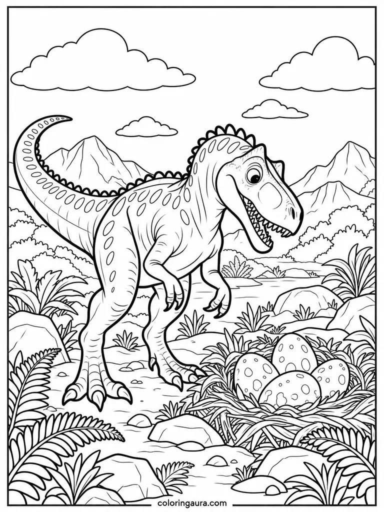 Allosaurus and Dinosaur Eggs Coloring Page
