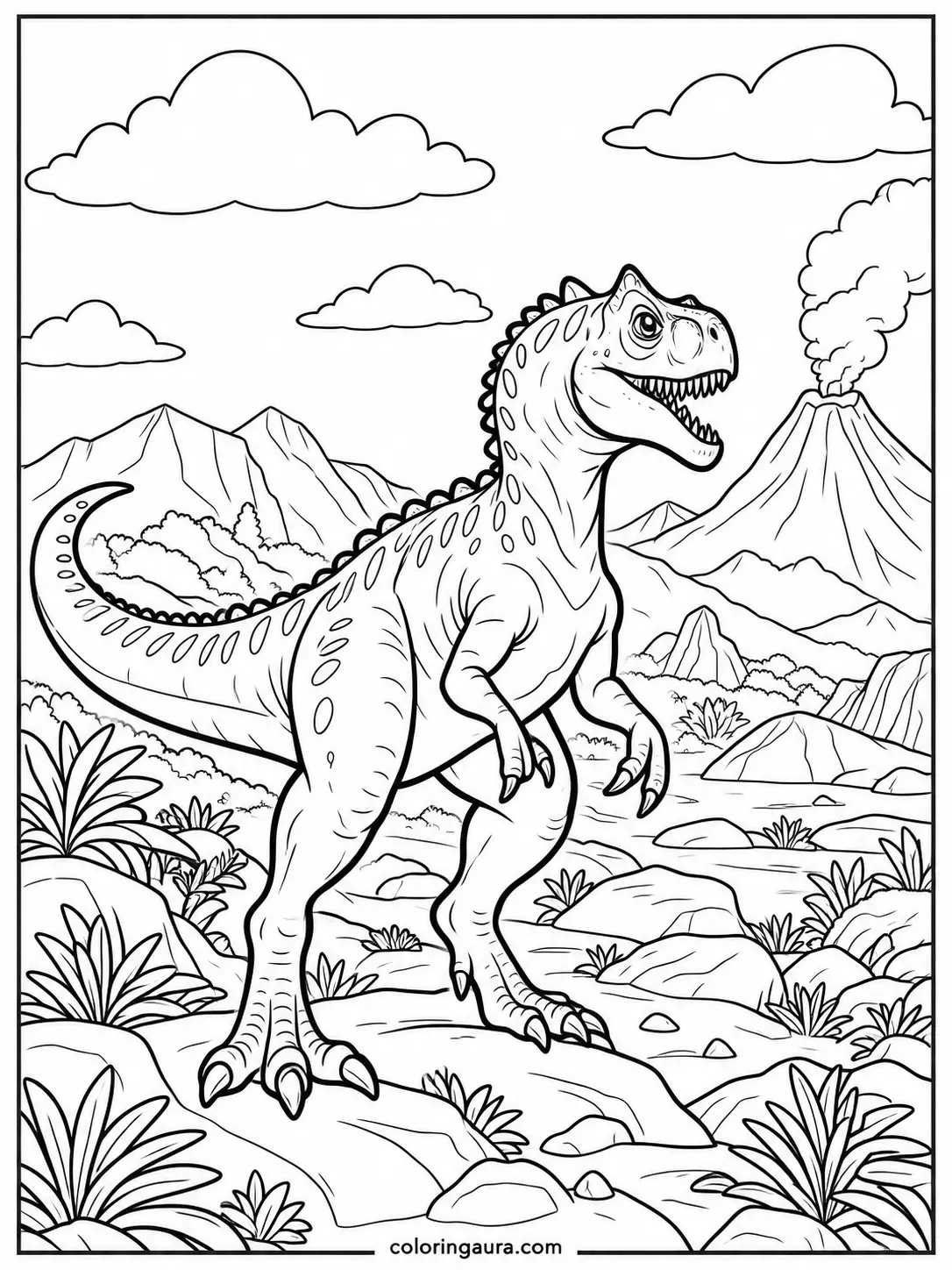 Allosaurus and Volcano Coloring Page
