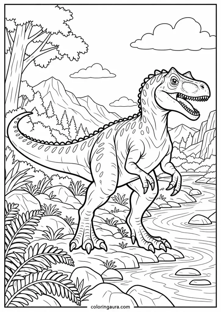Allosaurus by a Prehistoric River Coloring Page