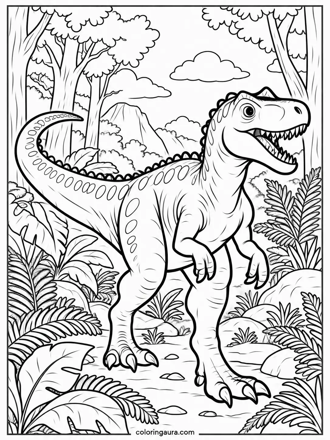 Allosaurus in a Prehistoric Forest Coloring Page