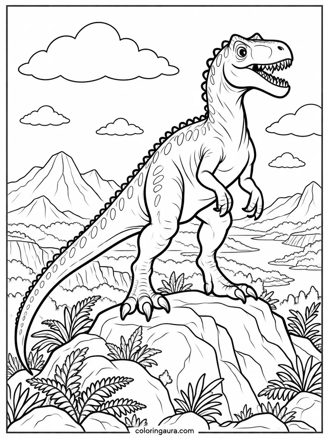 Allosaurus on a Rocky Hill Coloring Page