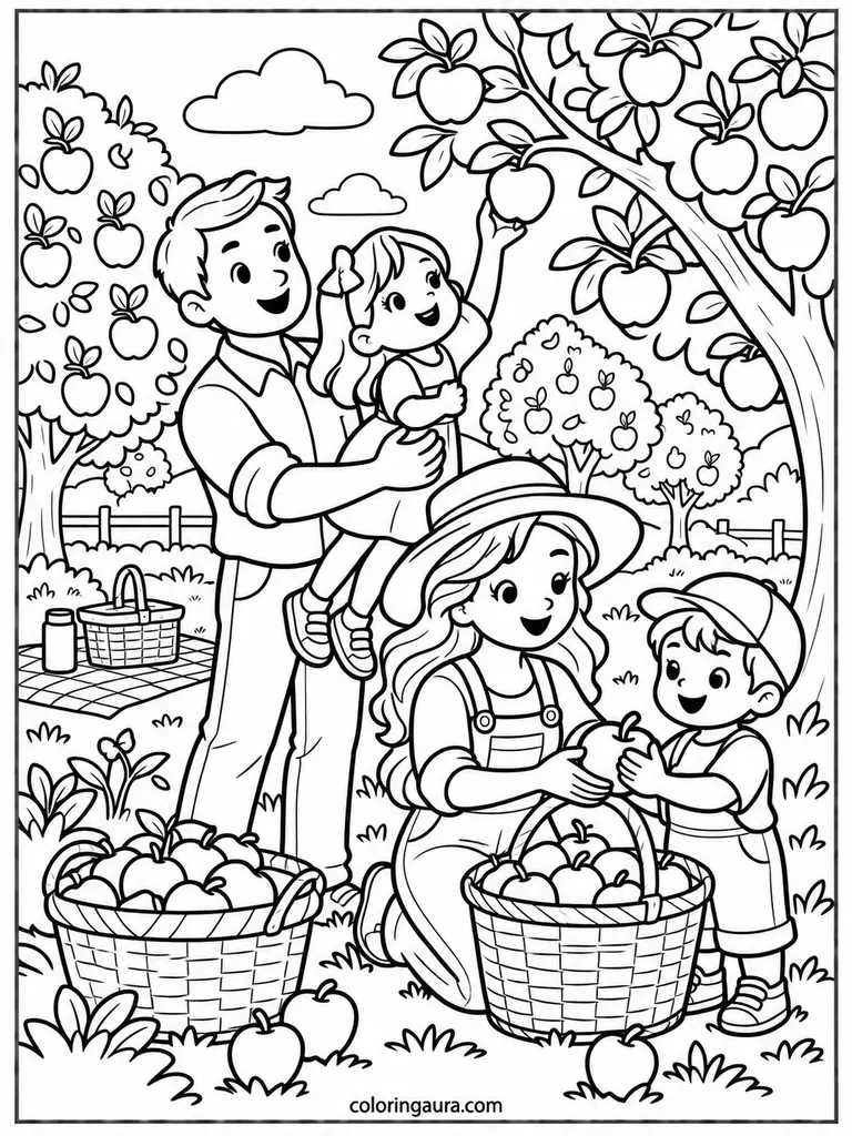 Apple Orchard Family Coloring Page