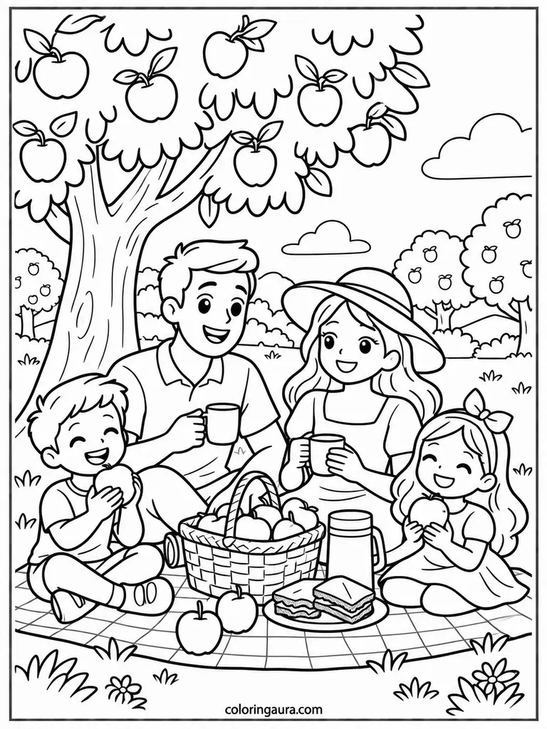 Apple Orchard Picnic Coloring Page