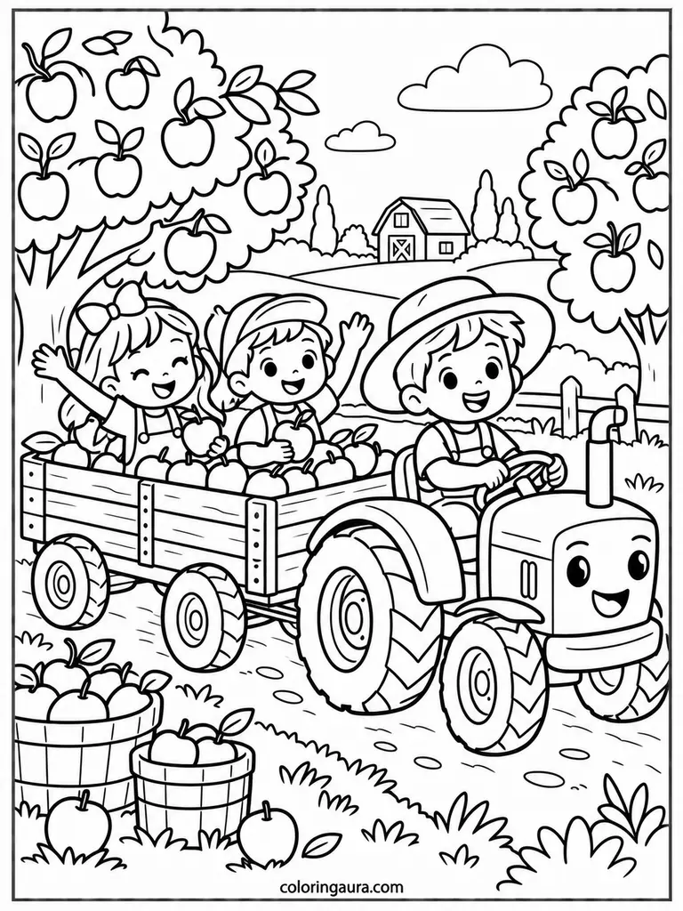 Apple Orchard Wagon Ride Coloring Page