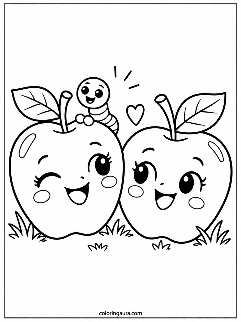 Apple and Worm Friends Coloring Page