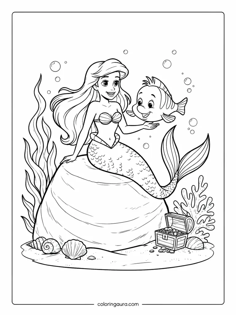 Ariel and Flounder Coloring Page
