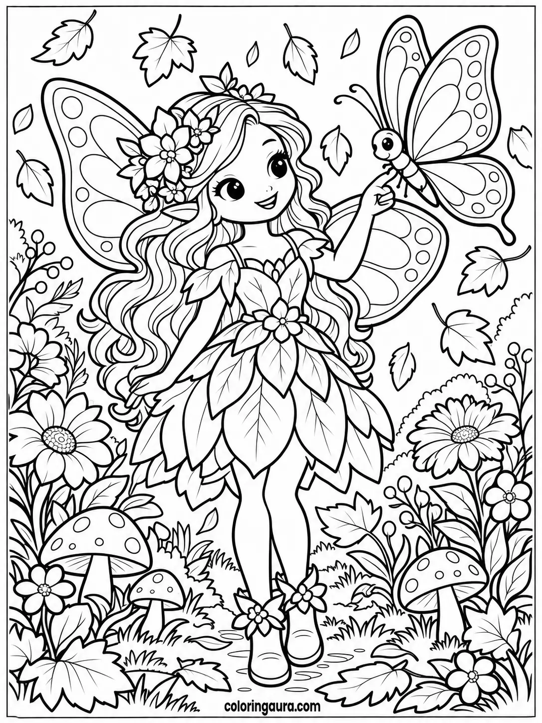 Autumn Fairy and Butterfly Coloring Page