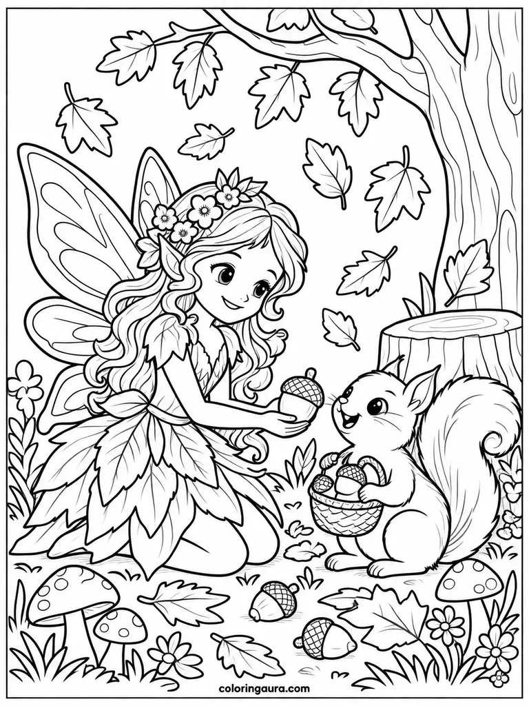 Autumn Fairy and Squirrel Coloring Page