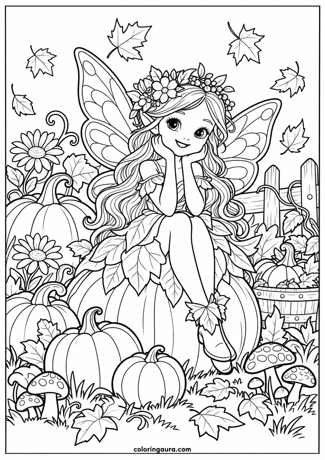 Autumn Fairy in Pumpkin Garden Coloring Page