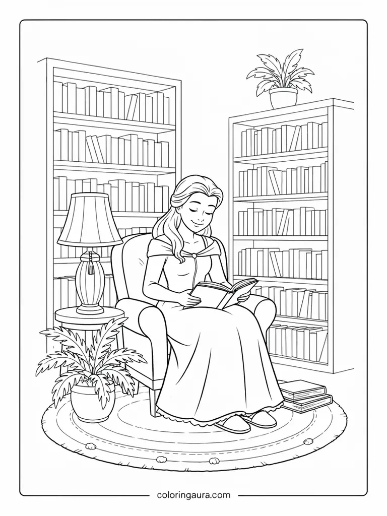 Belle Reading Library Coloring Page