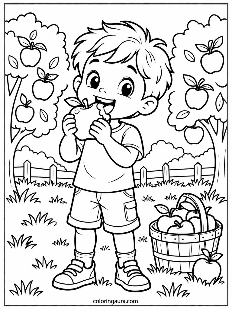 Boy Eating an Apple Coloring Page