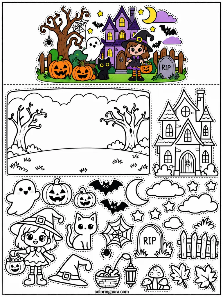 Build Your Own Halloween Scene Coloring Page