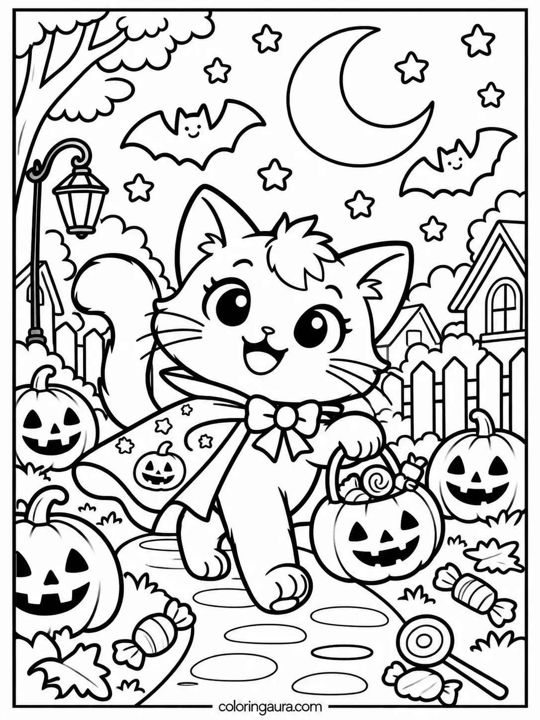 Cat Trick-or-Treat Coloring Page