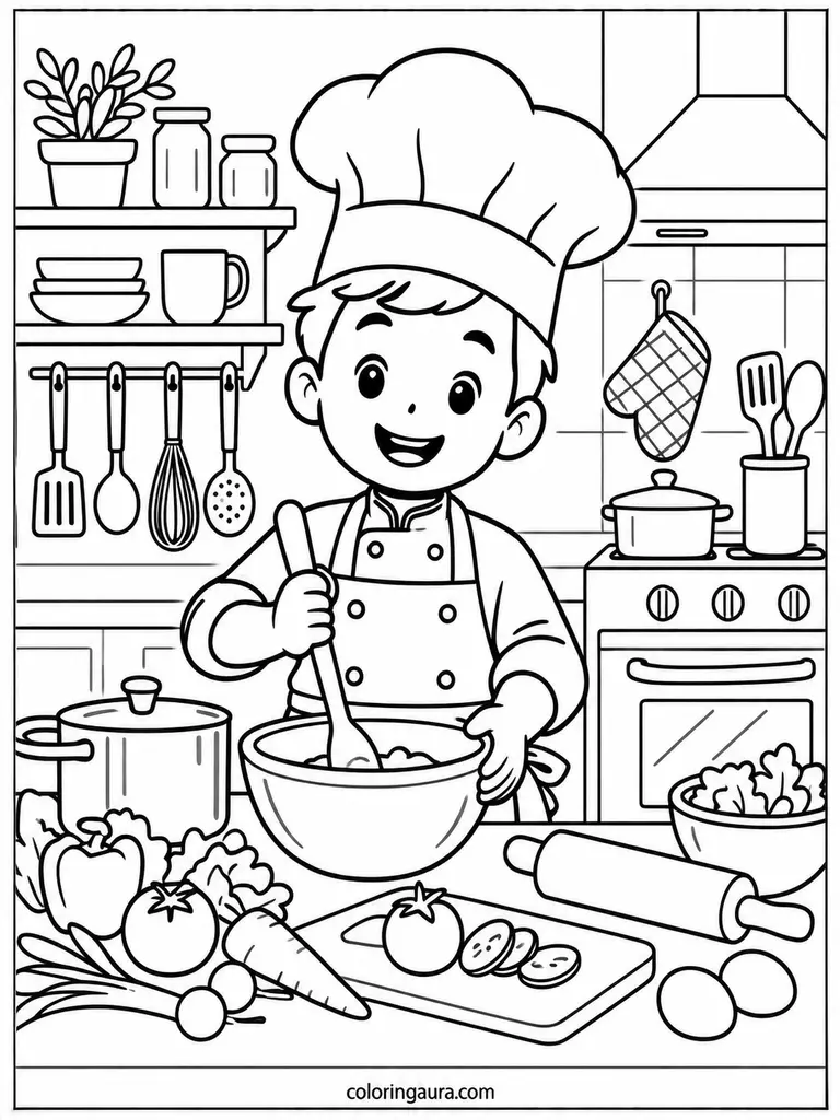 Chef Cooking Kitchen Coloring Page