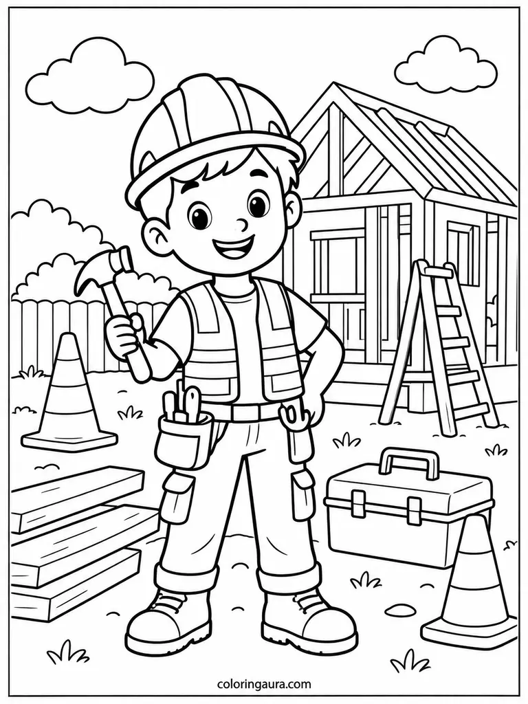 Child Construction Worker Coloring Page