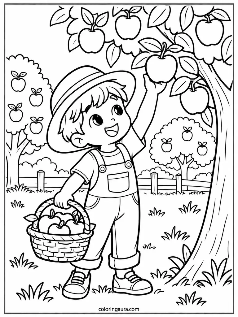 Child Picking Apples Coloring Page